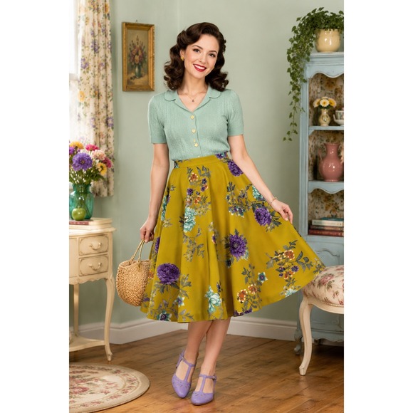 Modcloth Dresses & Skirts - ModCloth Yellow Floral A Line Midi Skirt WOMEN SATIN‎ CIRCLE RETRO M